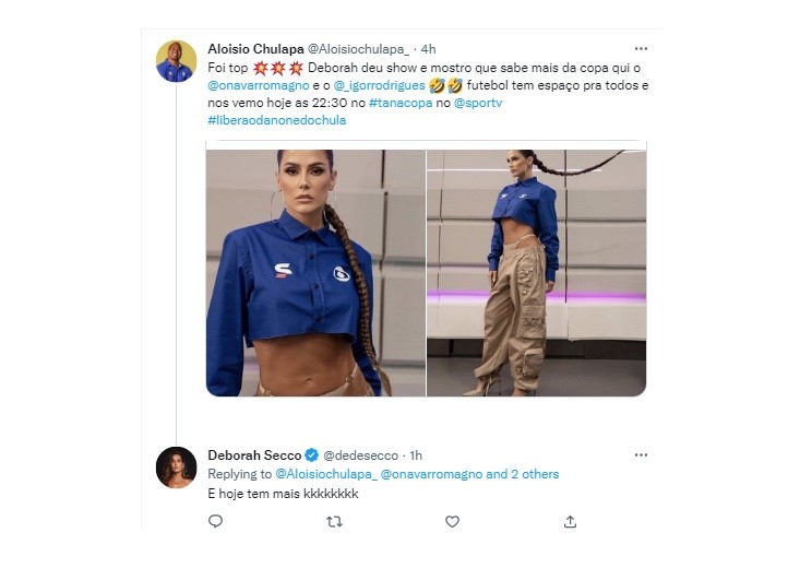 Deborah Secco reage a comentários sobre seu look no 'Tá na Copa' — Foto: Reprodução/Twitter