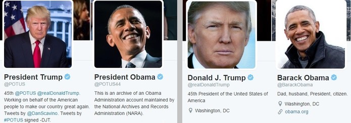 Contas no Twitter de Trump e Obama já foram atualizadas e cada um mantém um perfil pessoal (Foto: Reprodução/Isabela Giantomaso)