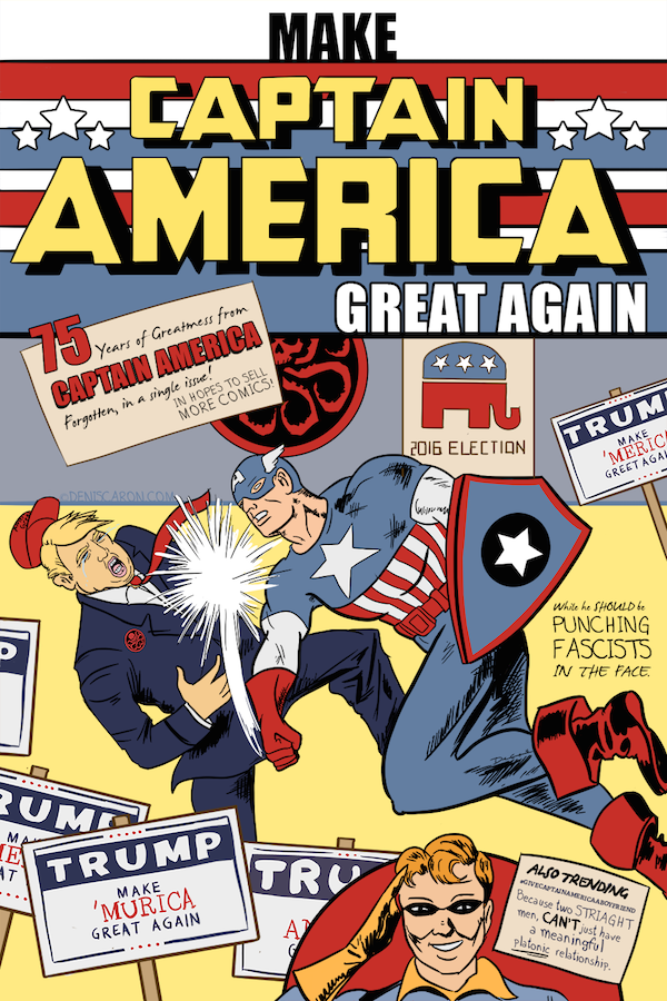 Uma paródia recente do primeiro número da revista do Capitão América, com Donald Trump no lugar de Hitler (Foto: Reprodução)