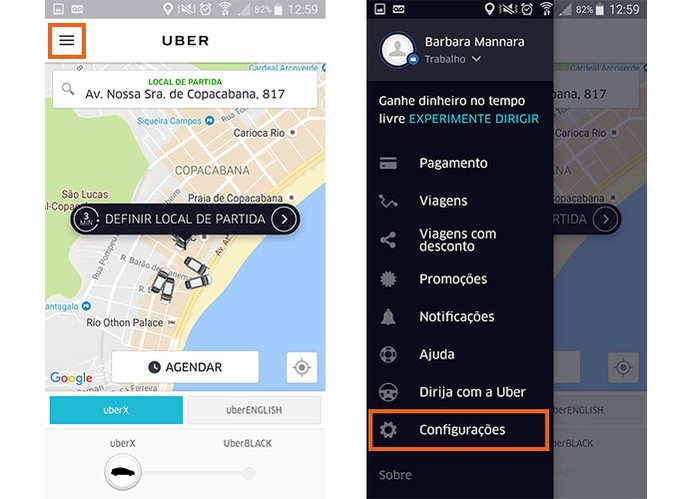 Acesse o menu lateral do app do Uber e selecione as Configurações (Foto: Reprodução/Barbara Mannara)