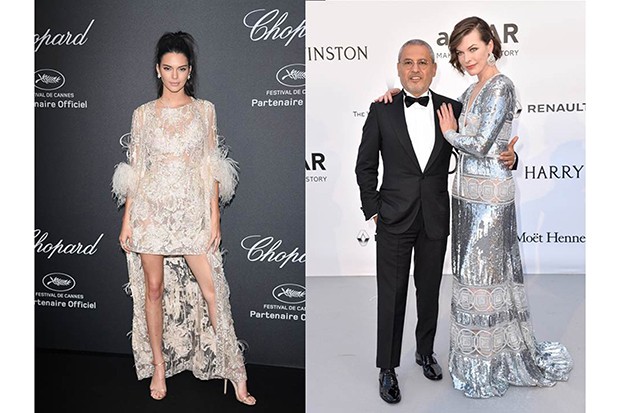 Saab is the stylist's go-to choice for many glittering weddings, Royal gowns and red-carpet events. Left, Kendall Jenner wears a feathery Elie Saab Spring 2015 Couture dress (left) and Milla Jovovich (right, with Saab) in a silvered pre-Fall 2016 gown (Foto: Getty Images)