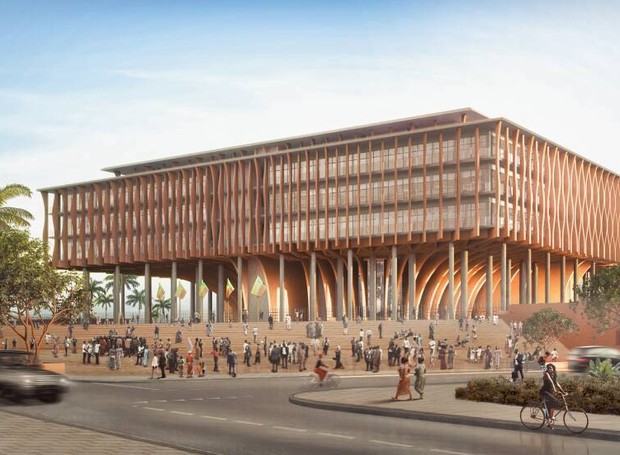 Assembleia Nacional de Benin: o prédio, ainda em construção, lembra a estrutura de troncos de uma árvore (Foto: Kéré Architecture / Divulgação)