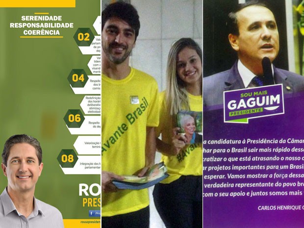 Da esq. para a dir.: folheto de campanha de Rogério Rosso; cabos eleitorais de Cristiane Brasil; e propaganda de Carlos Gaguim (Foto: Gustavo Garcia/G1)