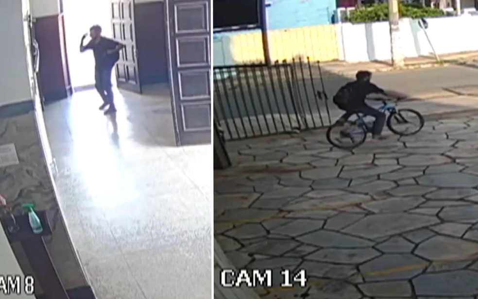 Homem entra em igreja, faz sinal da cruz e furta bicicleta em pátio, em Anápolis — Foto: Reprodução/TV Anhanguera