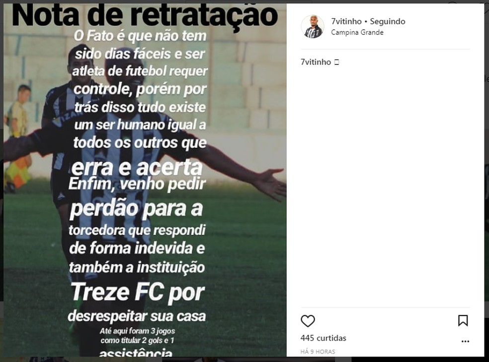 Também através do seu perfil Instagram - que teve os comentários bloqueados após a polêmica -, Vitinho tentou se retratar (Foto: Reprodução / Instagram)