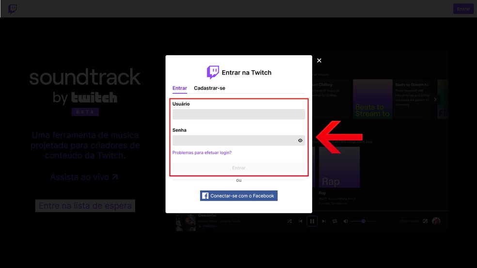 Informe o usuário e senha da conta da Twitch TV — Foto: Reprodução/Leandro Eduardo