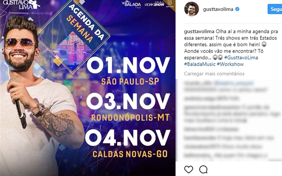 Postagem anunciava show do cantor em Rondonópolis (Foto: Instagram/Reprodução)