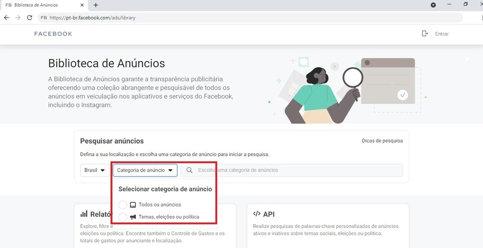 São várias as formas de personalizar sua busca na Biblioteca de Anúncios do Facebook — Foto: Reprodução/Sabrina Souza
