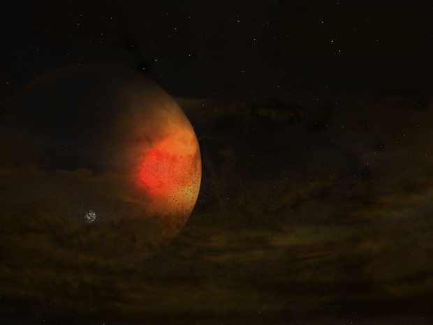 Impressão artística do disco circumplanetário descoberto em 2021 em torno de um planeta jovem no sistema estelar PDS 70 (Foto: ALMA (ESO/NAOJ/NRAO), S. Dagnello (NRAO/AUI/NSF))