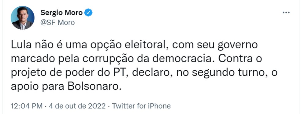Em tuíte, Sergio Moro declara apoio a Bolsonaro no 2º turno — Foto: Reprodução/Twitter