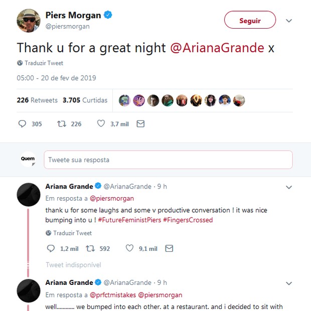 Ariana Grande e Piers Morgan (Foto: Twitter/Reprodução)