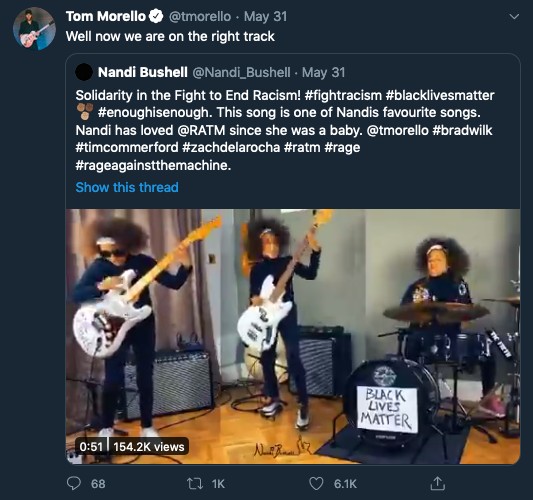 O post do músico Tom Morello elogiando o cover de Nandi Bushell para Guerrilla Radio, do Rage Against the Machine (Foto: Twitter)