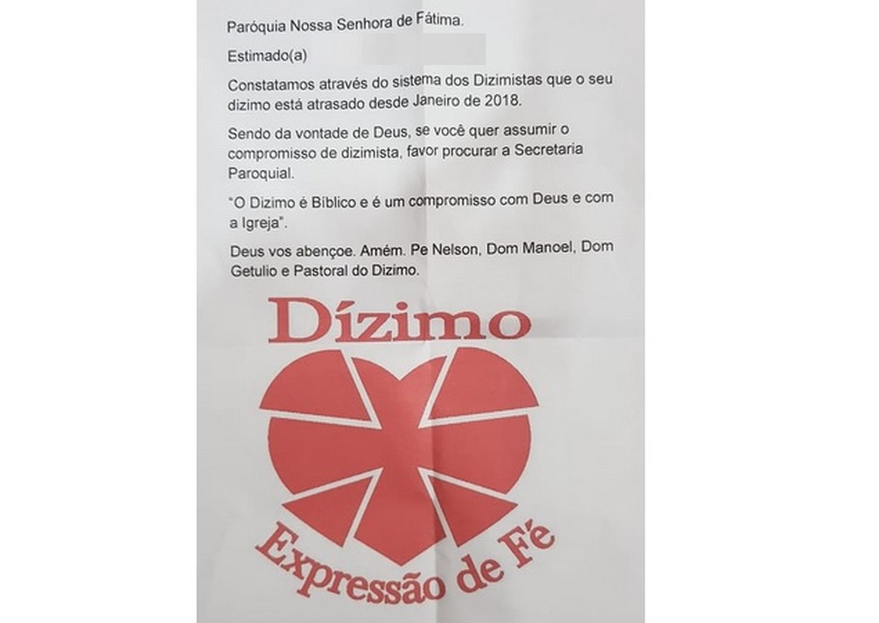Paróquia manda carta aos fiéis avisando dízimo está atrasado, em Nova Fátima — Foto: Arquivo pessoal