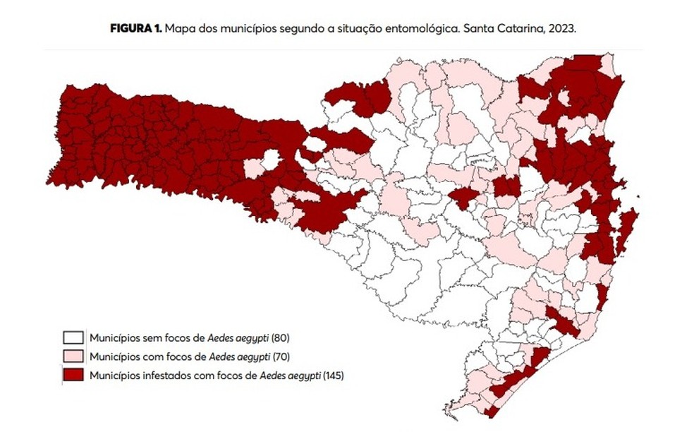 Mapa dos municípios segundo a situação entomológica. Santa Catarina, 2023. — Foto: Dive/Divulgação