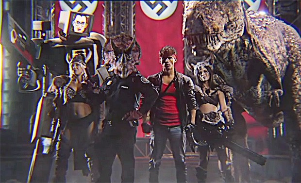 O time de protagonistas do curta 'Kung Fury', liderado pelo ator e diretor David Samberg (de vermelho) (Foto: Reprodução/Youtube)