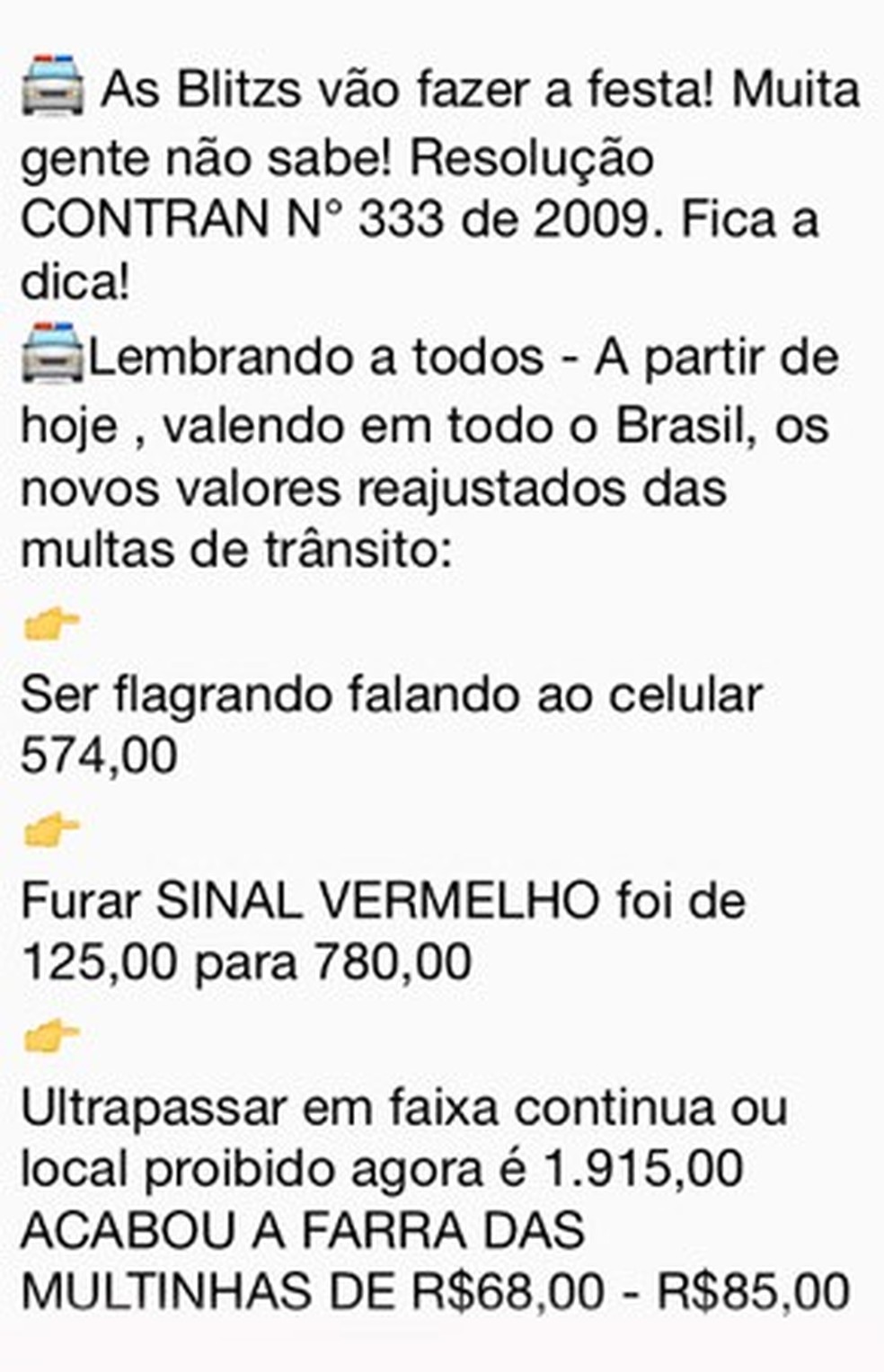 Mensagem sobre multas que circula nas redes (Foto: Reprodução)