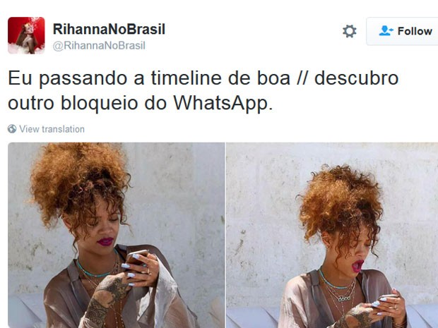Piada em página de fãs de Rihanna repercute o bloqueio do Whatsapp no Brasil (Foto: Reprodução/Twitter/Rihannanobrasil)