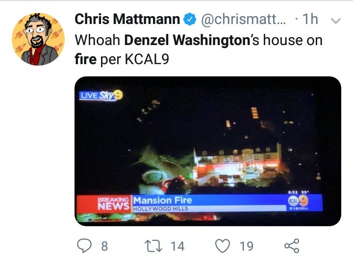 Incêndio na casa de Denzel Washington assusta fãs nas redes sociais (Foto: Twitter)
