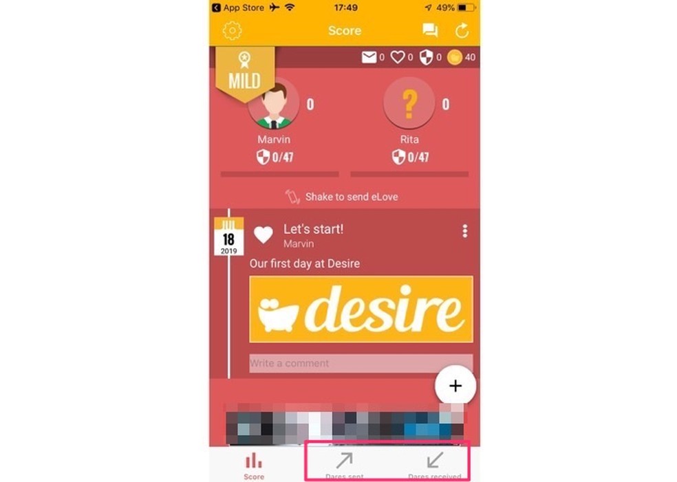 Tela inicial mostra desafios enviados e recebidos no aplicativo Desire — Foto: Reprodução/Marvin Costa