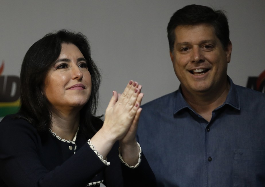 A senadora Simone Tebet (MDB-MS) e o presidente nacional do MDB, Baleia Rossi: caciques da sigla querem três ministérios no governo Lula
