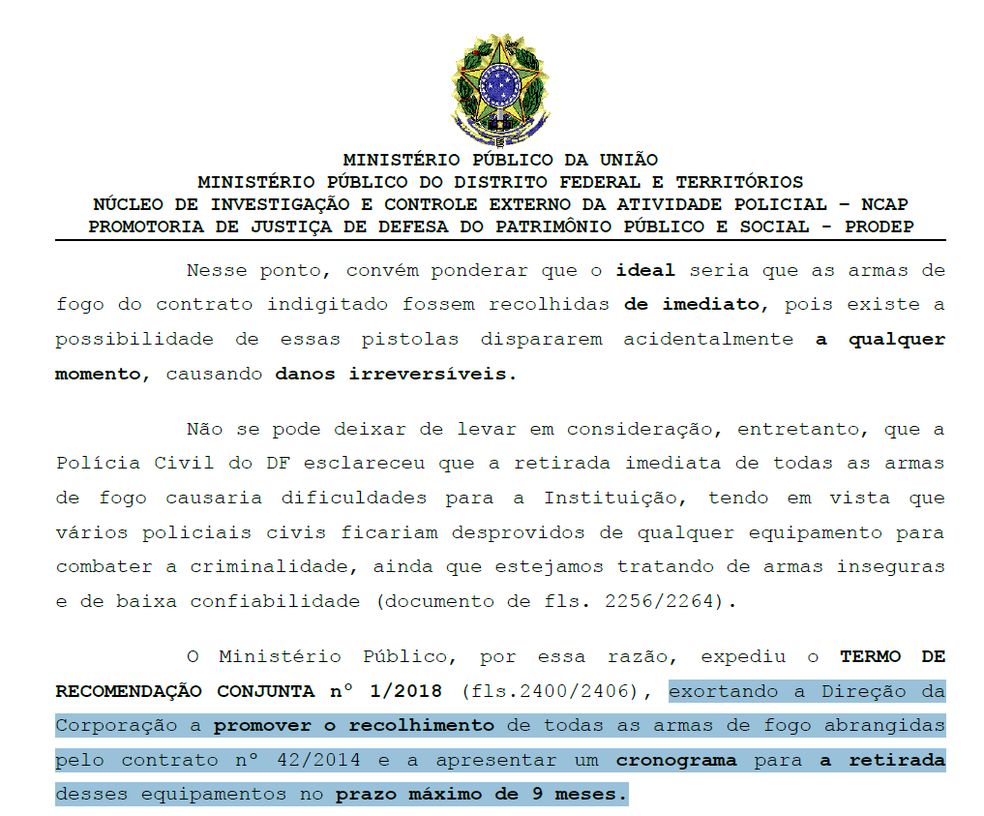 Trecho da aÃ§Ã£o do MP do DF cita recomendaÃ§Ã£o expedida Ã  PolÃ­cia Civil (Foto: MPDFT/ReproduÃ§Ã£o)