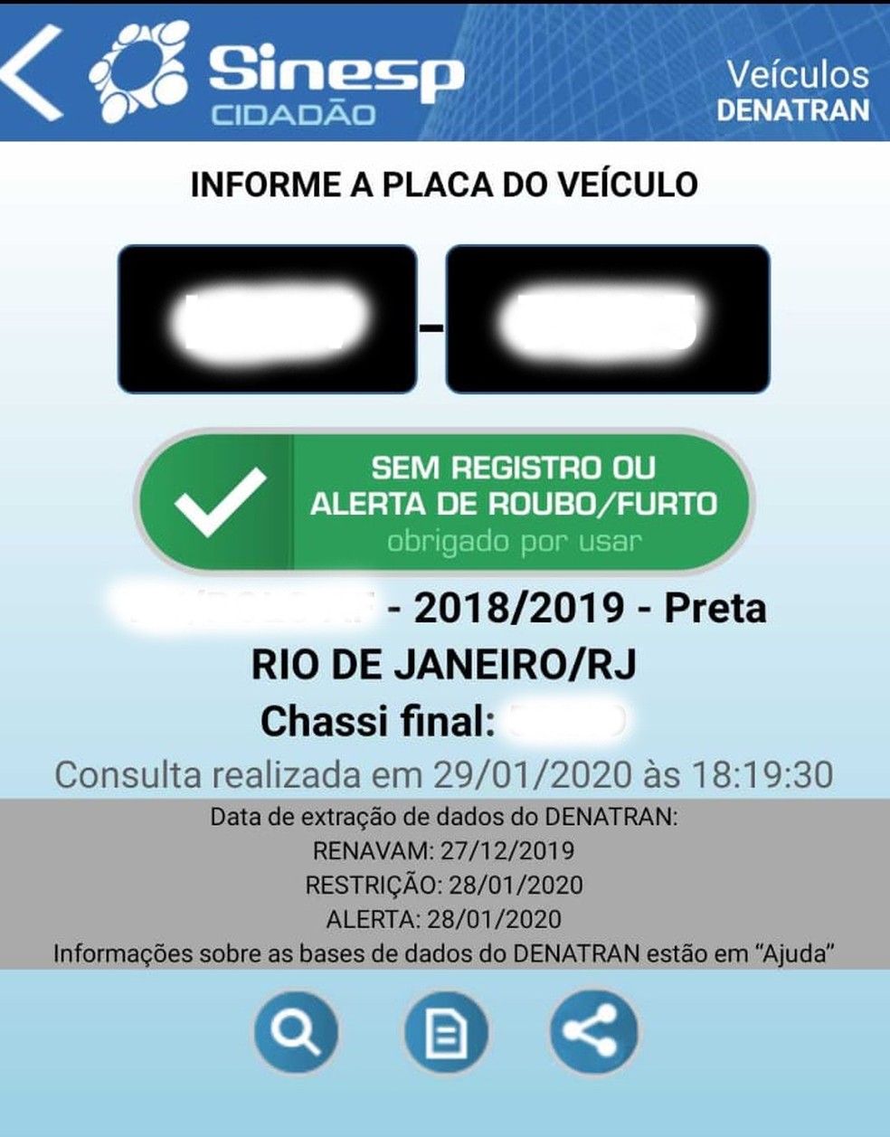 Informações no aplicativo Sinesp Cidadão sem o uso do QR code — Foto: Reprodução