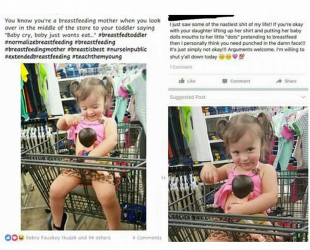 Charlotte amanentando a boneca no supermercado (Foto: Reprodução - Facebook)