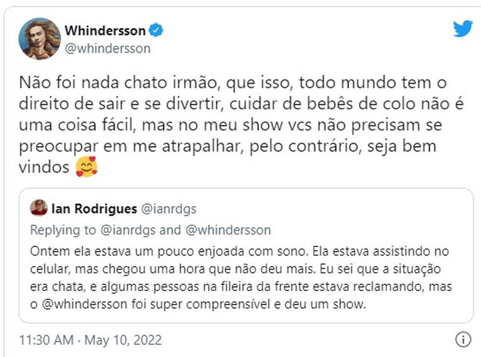 Whindersson responde comentário de pai de criança que chorou em show na França — Foto: Reprodução/Twitter