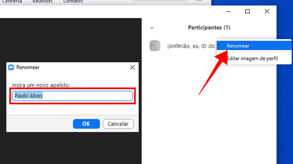 Escolha um novo nome de exibição na reunião do Zoom — Foto: Reprodução/Paulo Alves