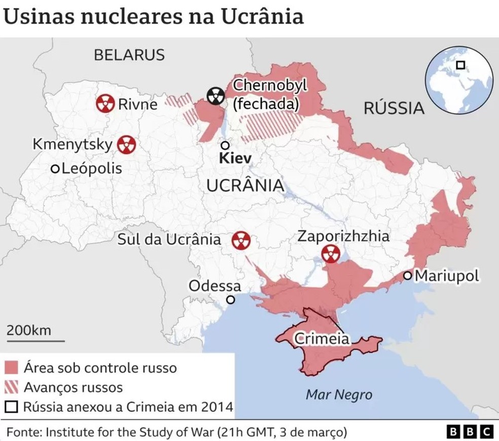 Mapa das usinas nucleares na Ucrânia — Foto: BBC