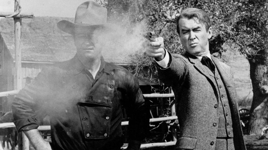John Wayne e James Stewart em 'O homem que matou o facínora', filme de John Ford