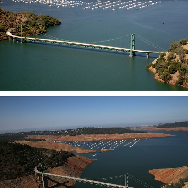 Comparação mostra Green Bridge, sobre o lago Oroville, em julho de 2011 e agosto deste ano (Foto: Getty Images)