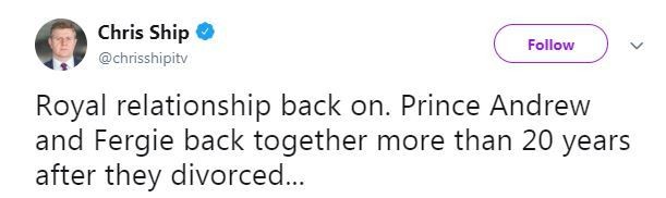 O tuíte no qual foi noticiado a suposta retomada do romance do Príncipe Andrew com a ex-esposa (Foto: Twitter)