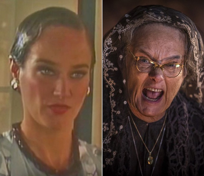 Antes e depois! À esquerda, Selma Egrei em 1986, em 'Memórias de um Gigolô', e, à direita, como Encarnação de 'Velho Chico' (Foto: Vídeo Show / TV Globo / Inácio Moraes / Gshow)