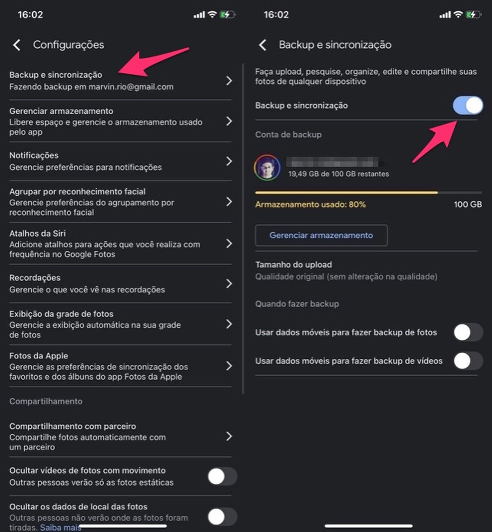 Ação para desativar o backup e sincronização de fotos no Google Fotos pelo celular — Foto: Reprodução/Marvin Costa