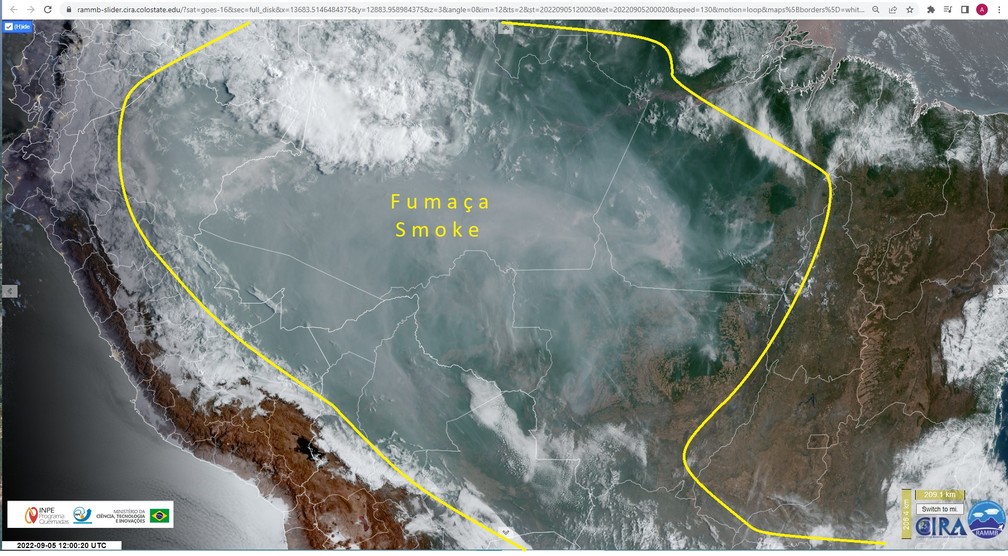 Fumaça sobre área de cinco milhões de km² do território brasileiro no Dia da Amazônia — Foto: Inpe