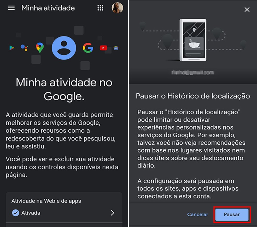 Limite o gerenciamento das atividades no Google para obter mais proteção — Foto: Reprodução/Flávia Fernandes