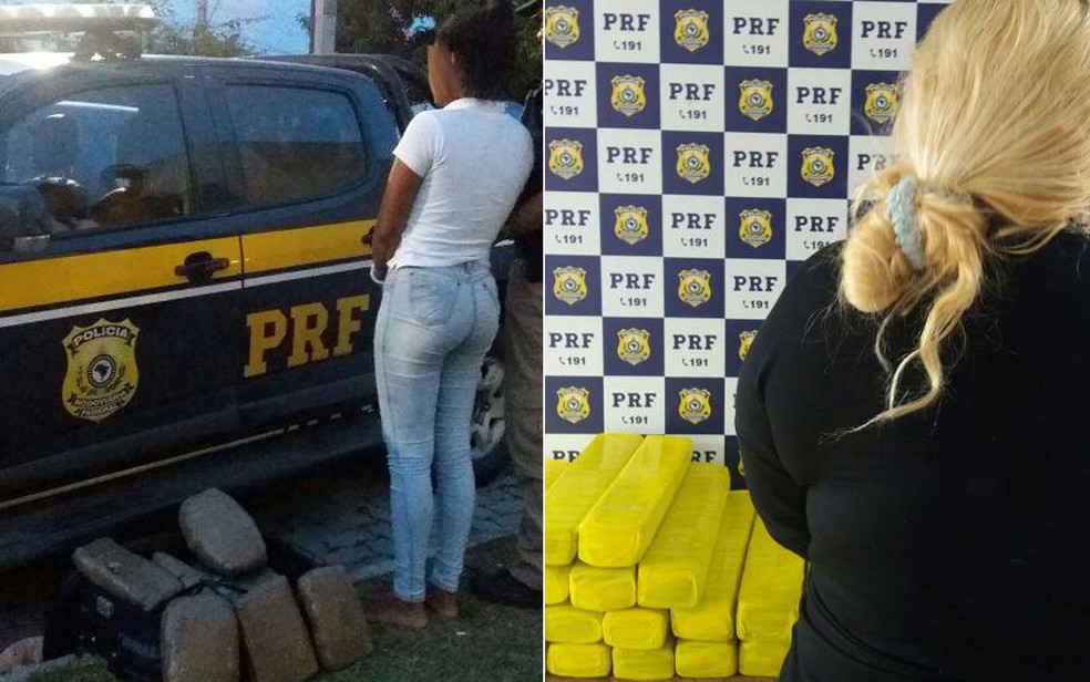 Jovem de 18 anos e mulher de 33 foram presas com 30kg de maconha na Bahia (Foto: Arte G1/Divulgação/PRF)