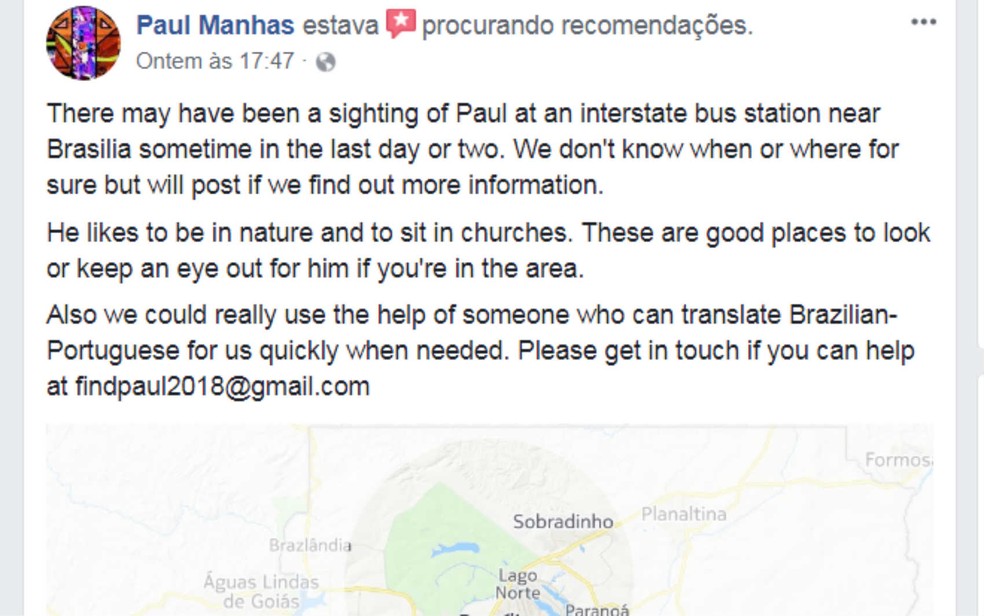 FamÃ­lia usa perfil de desaparecido, em rede social, para pedir informaÃ§Ãµes sobre paradeiro no DF (Foto: Facebook/ReproduÃ§Ã£o)