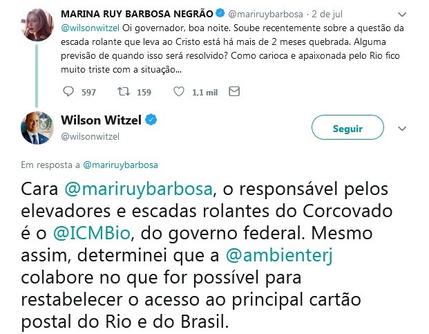 Governador do Rio, Witzel, responde Marina Ruy Barbosa após cobrança (Foto: Reprodução/ Twitter)
