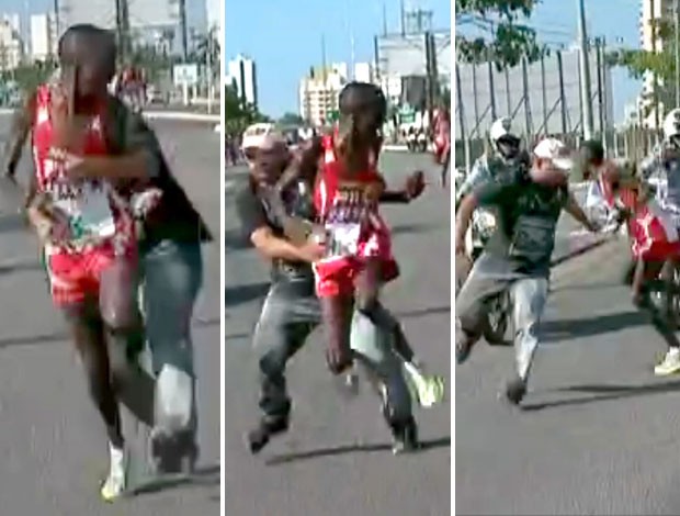 Montagem Homem tenta segurar atleta na Corrida de Reis (Foto: Editoria de Arte / Globoesporte.com)