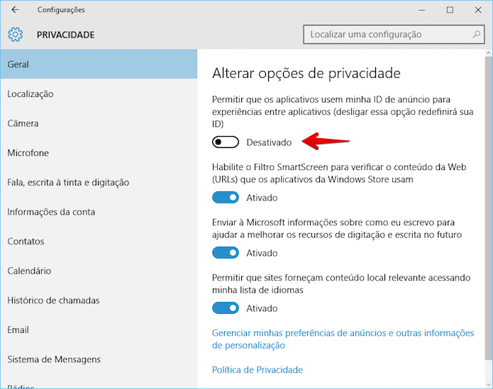 Desativando anúncios personalizados no Windows 10 (Foto: Reprodução/Helito Bijora) 