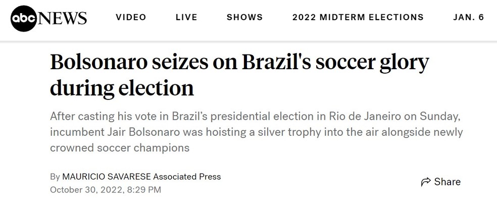 Recepção de jogadores do Flamengo por Bolsonaro também virou notícia na imprensa americana — Foto: Reprodução/ABC News