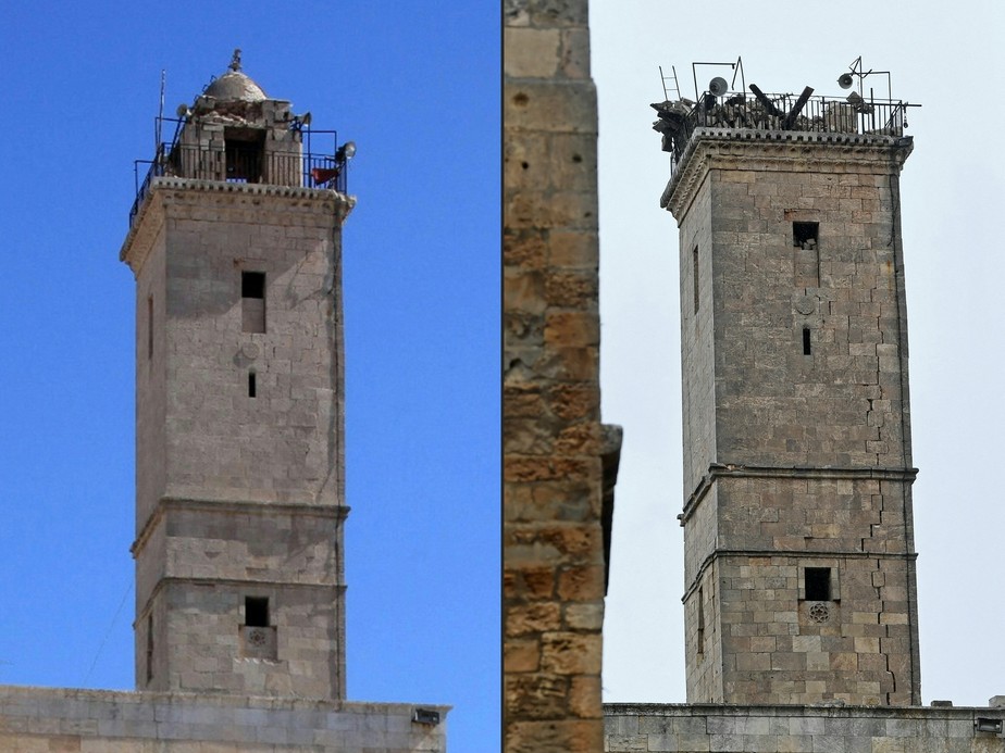 Torre na cidade de Aleppo, no norte da Síria, aparece à esquerda em foto tirada no dia 3 de julho de 2016 e, à direita, , em 6 de fevereiro de 2023, após o terremoto