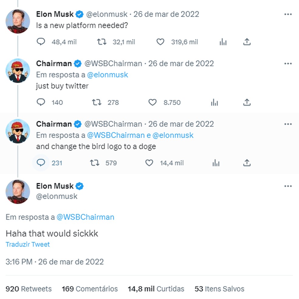 Elon Musk recuperou sugestão de seguidor para trocar logo do Twitter pelo da criptomoeda Dogecoin  Foto: Reprodução/Twitter