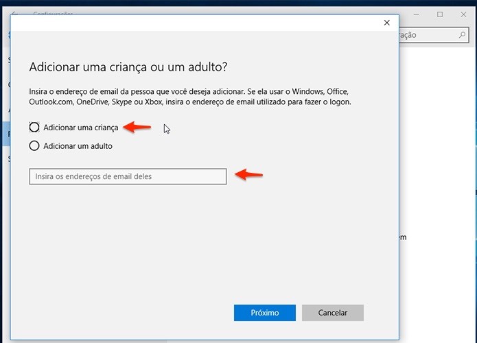 Se a criança não possui uma conta de email da Microsoft, é possível criar uma na hora. (Foto: Reprodução/Alessandro Junior)