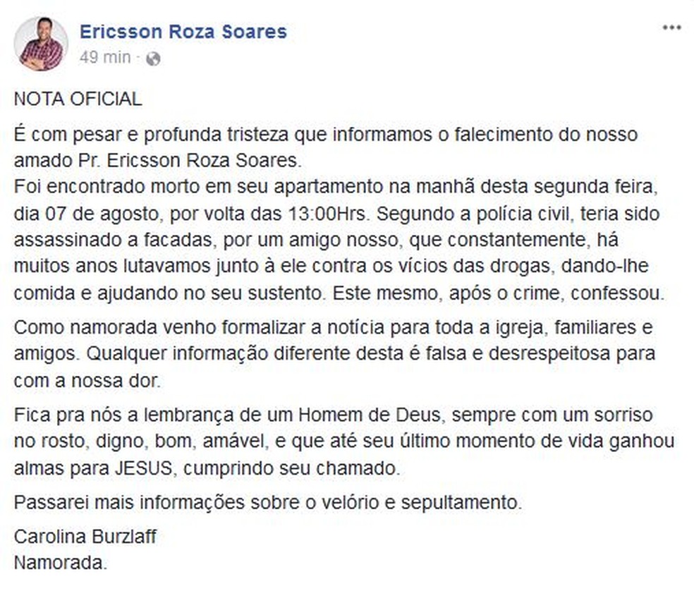 Nota oficial sobre a morte do pastor (Foto: Reprodução/Facebook)