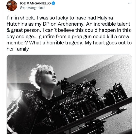O post do ator Joe Manganiello lamentando a morte da amiga Halyna Hutchins (Foto: Twitter)