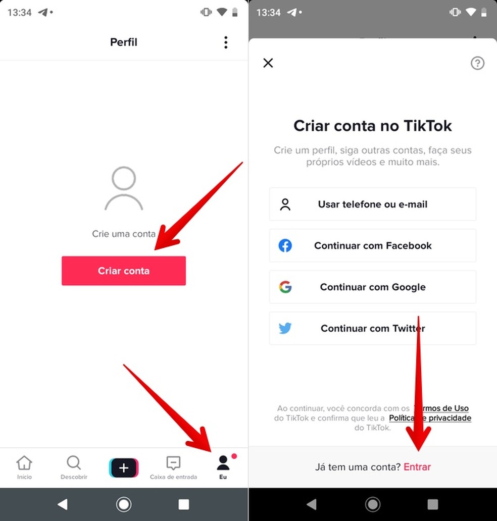 Como recuperar conta no TikTok? Toque em "Entrar" no aplicativo — Foto: Reprodução/Helito Beggiora