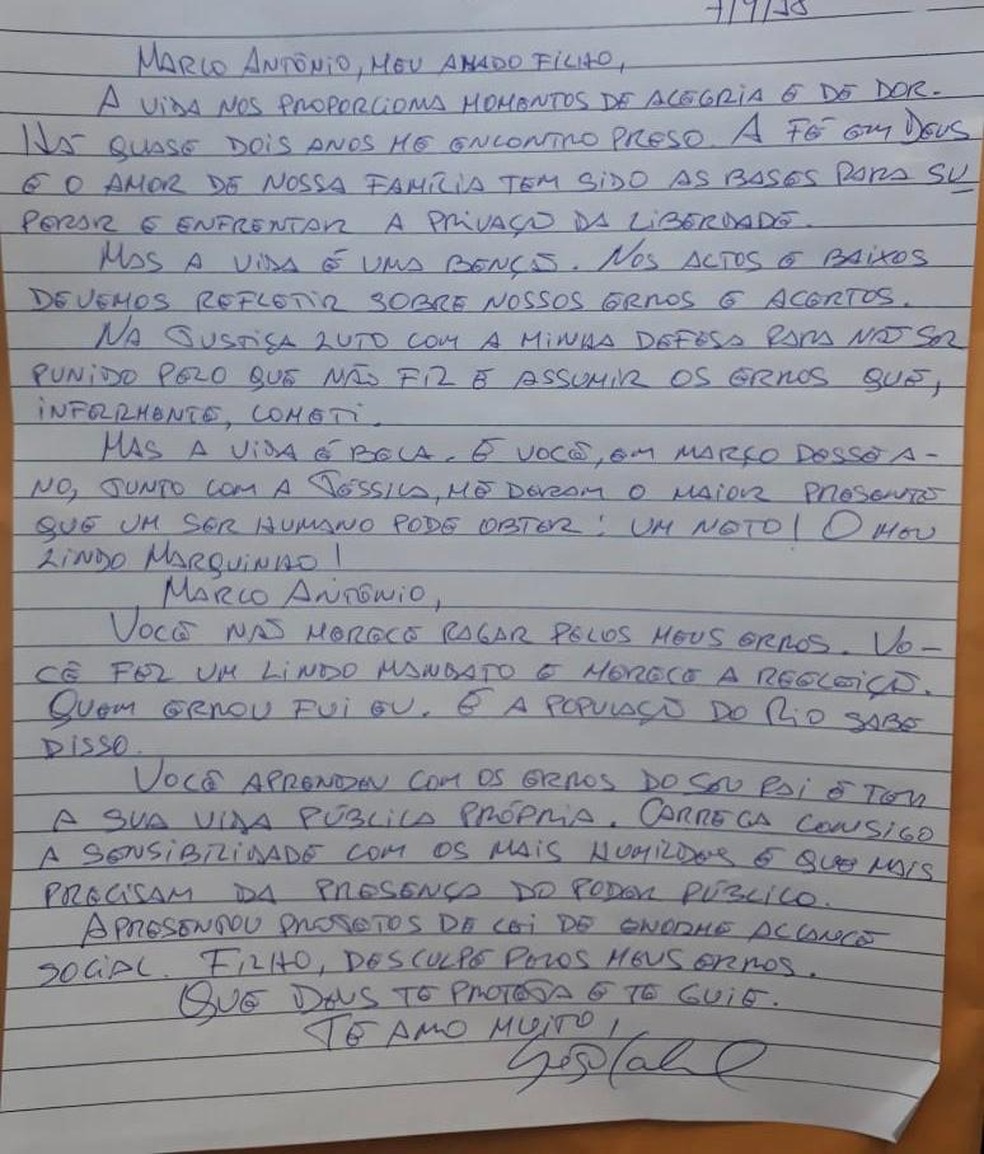 Carta de Sérgio Cabral ao filho Marco Antônio foi utilizada na campanha para o Congresso, sem êxito — Foto: Arquivo Pessoal